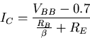 \begin{displaymath}
I_C=\frac{V_{BB}-0.7}{\frac{R_B}{\beta}+R_E}\end{displaymath}